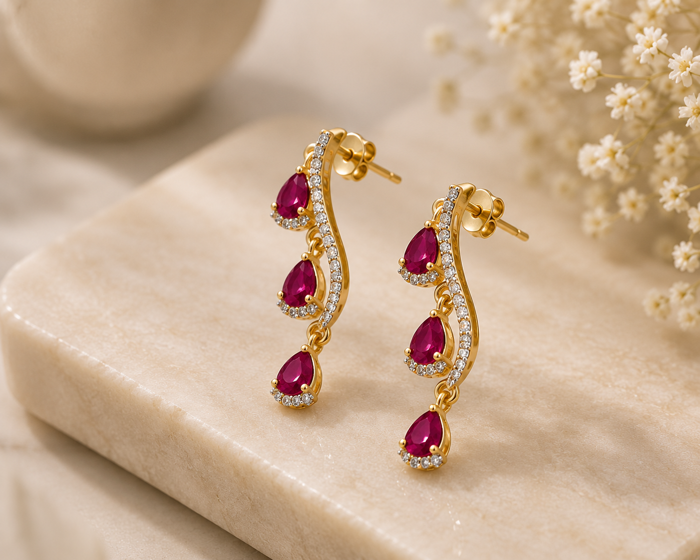 Regal Ruby Cascade Wave Drop Earrings
