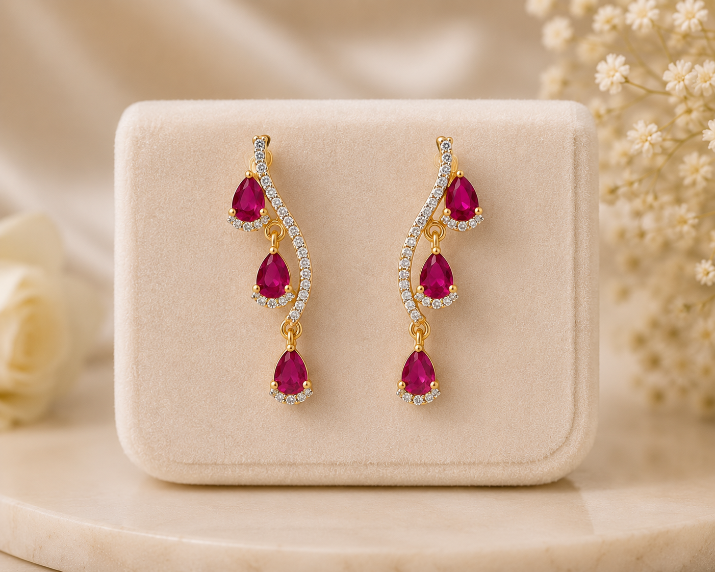 Regal Ruby Cascade Wave Drop Earrings