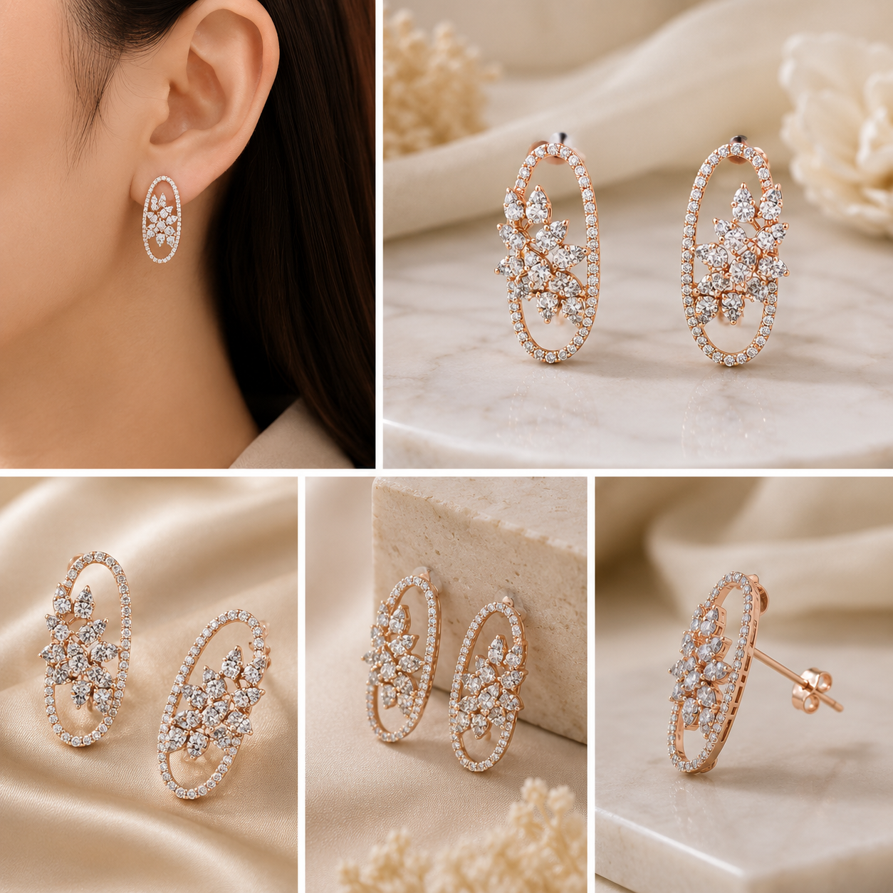 Rose Gold Celestial Blossom Oval Hoop Earrings