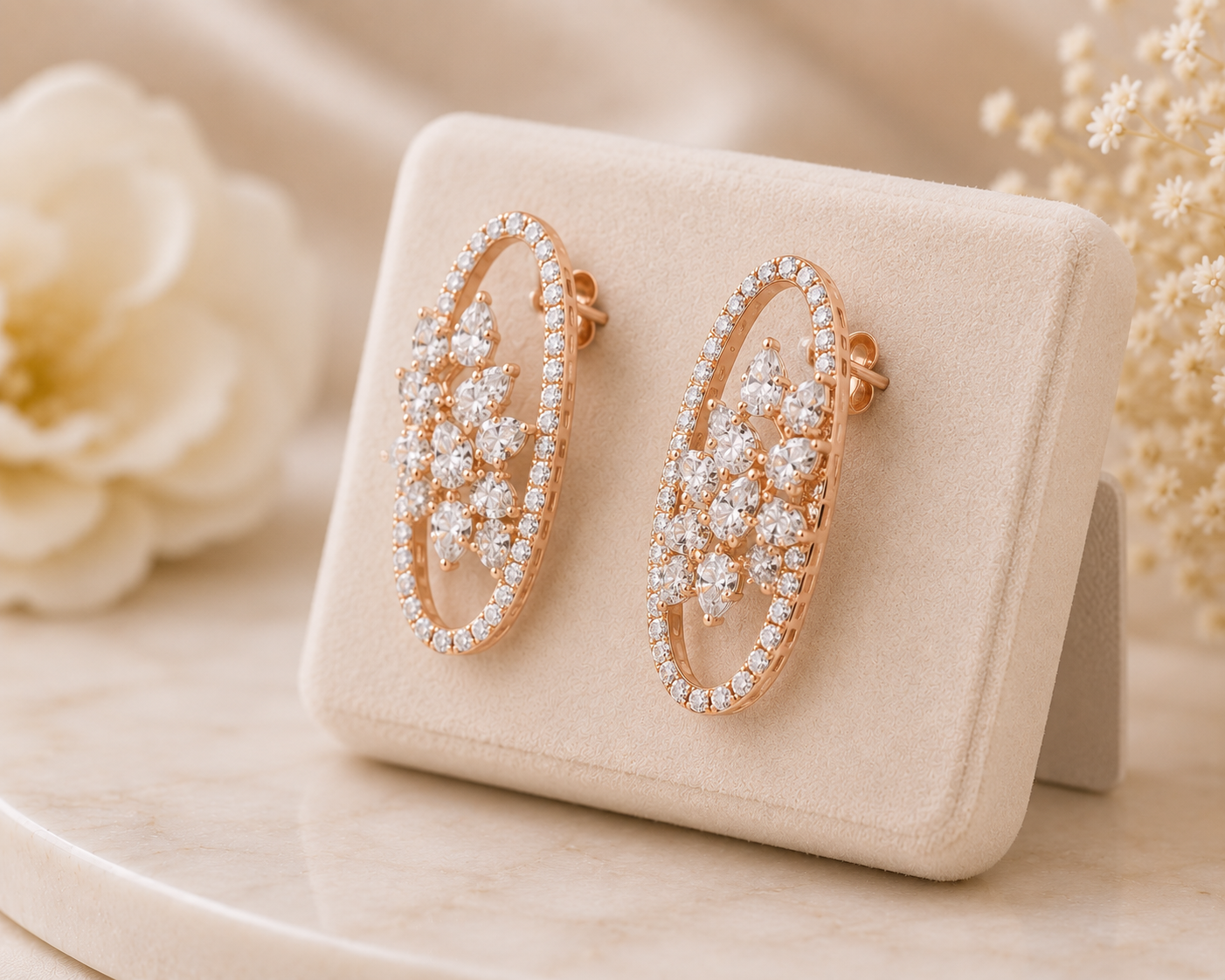 Rose Gold Celestial Blossom Oval Hoop Earrings