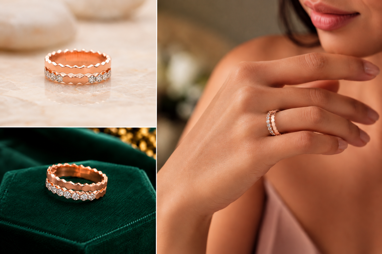 Rose Gold Ripple Diamond Band Ring
