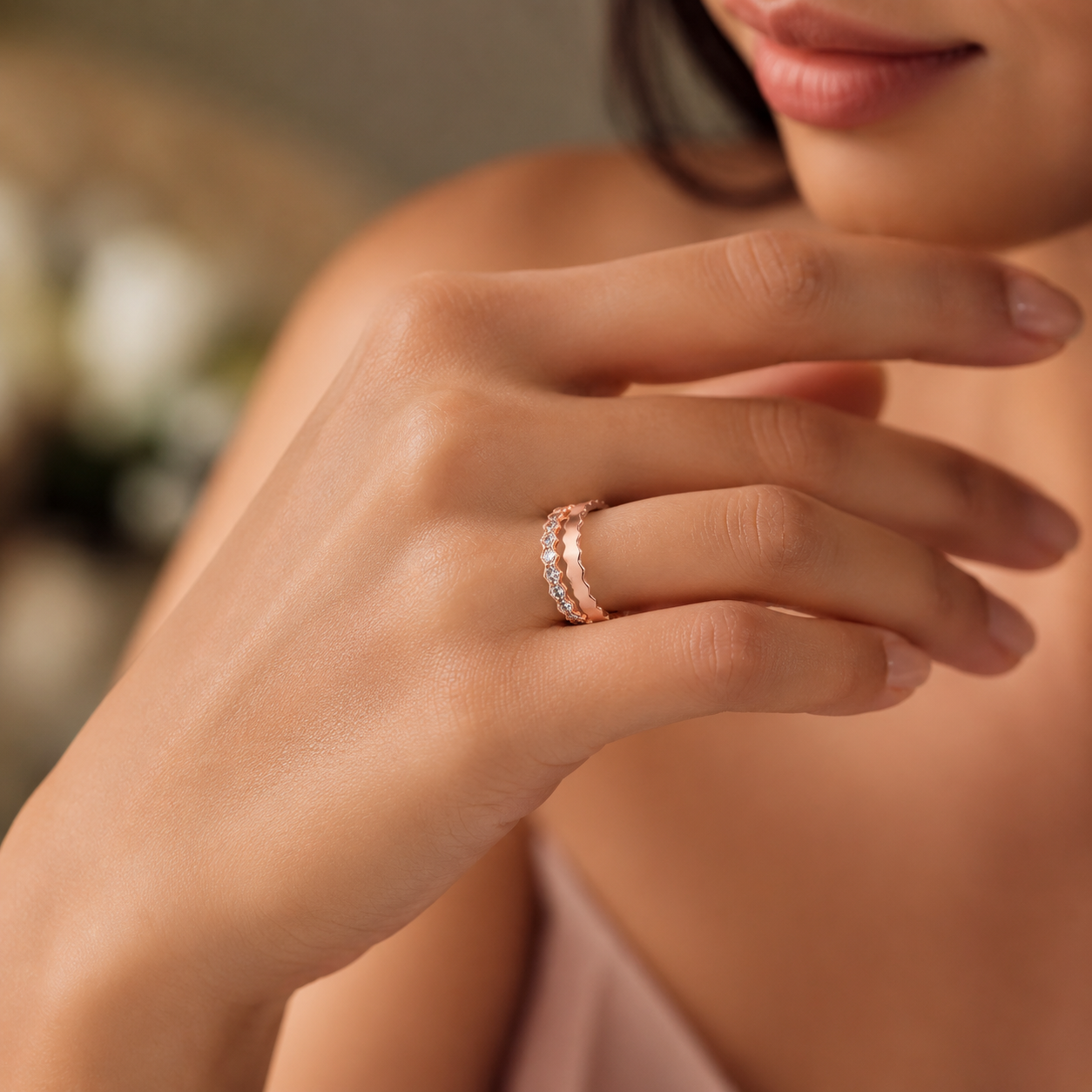 Rose Gold Ripple Diamond Band Ring