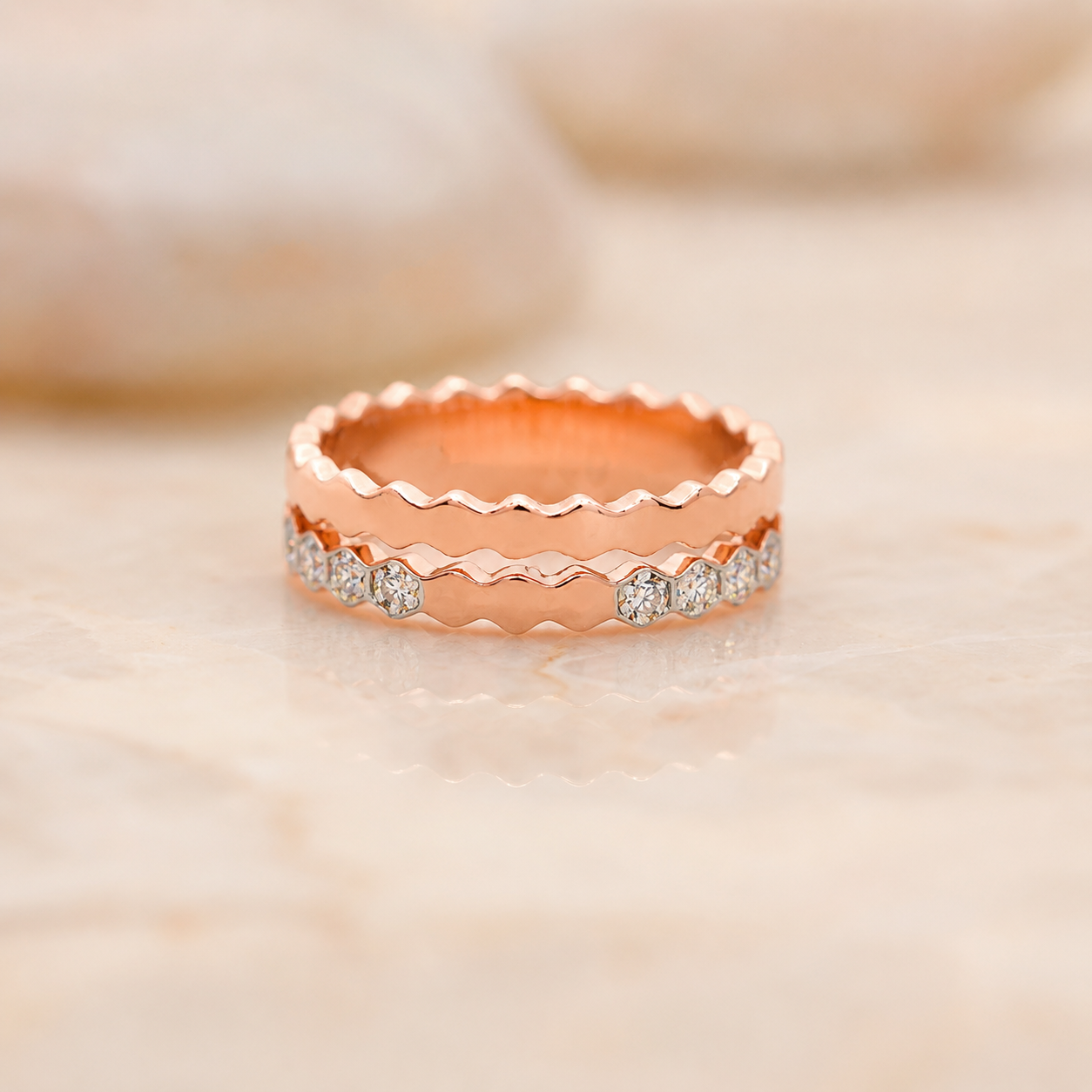 Rose Gold Ripple Diamond Band Ring