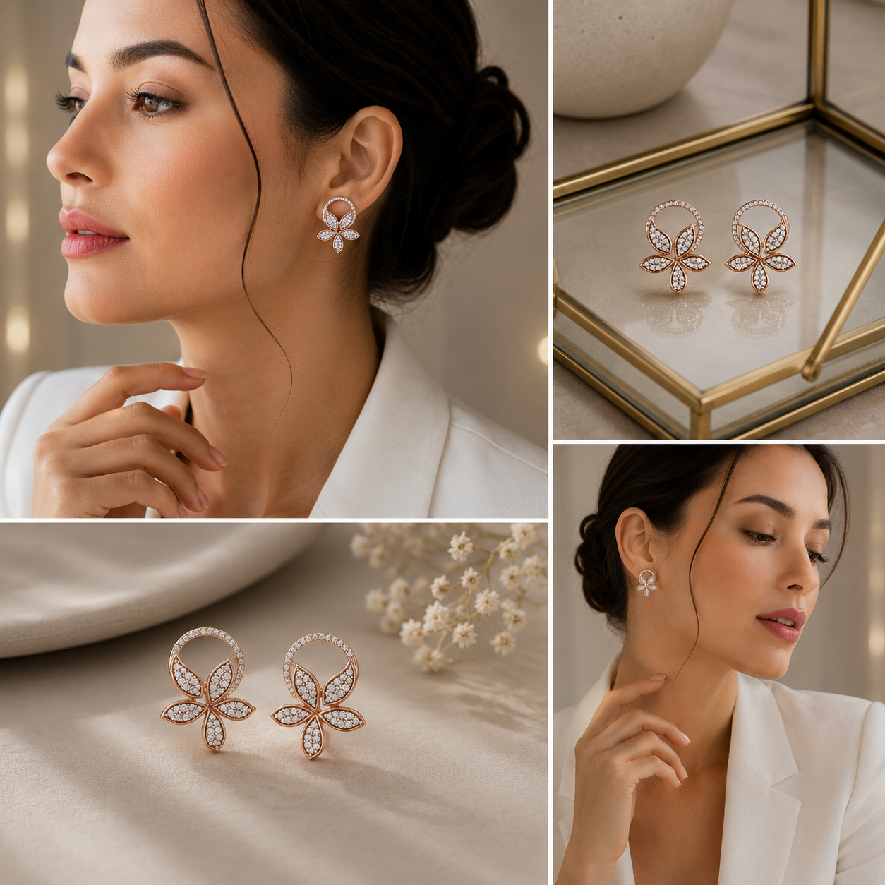 Rose Petal Halo Crystal Stud Earrings