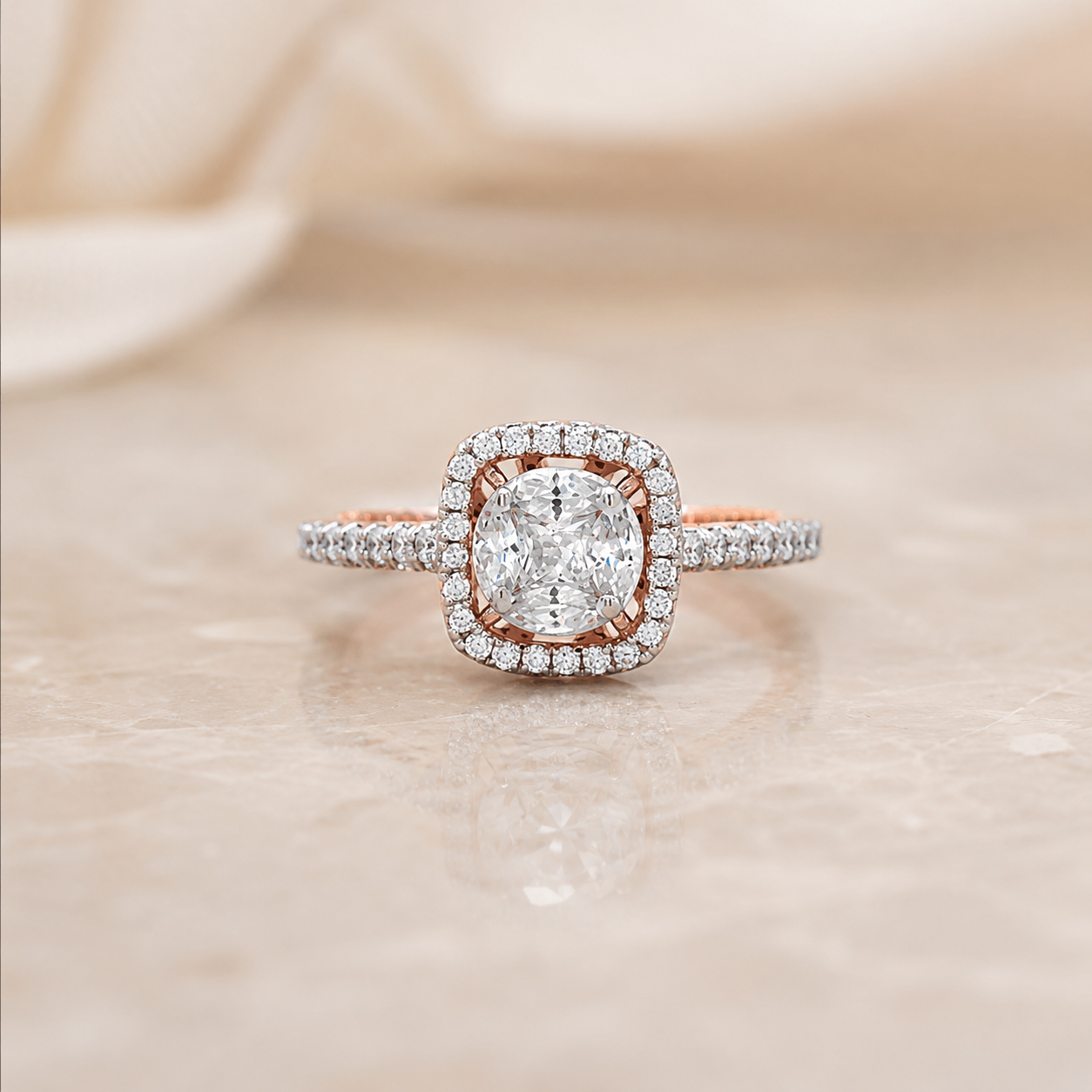 Royal Cushion Halo Rose Gold Diamond Ring