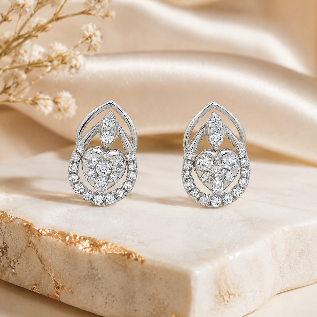 Silver Heart Halo Drop Earrings