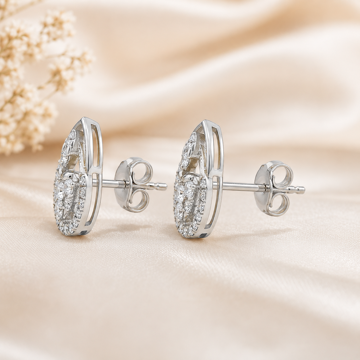 Silver Heart Halo Drop Earrings