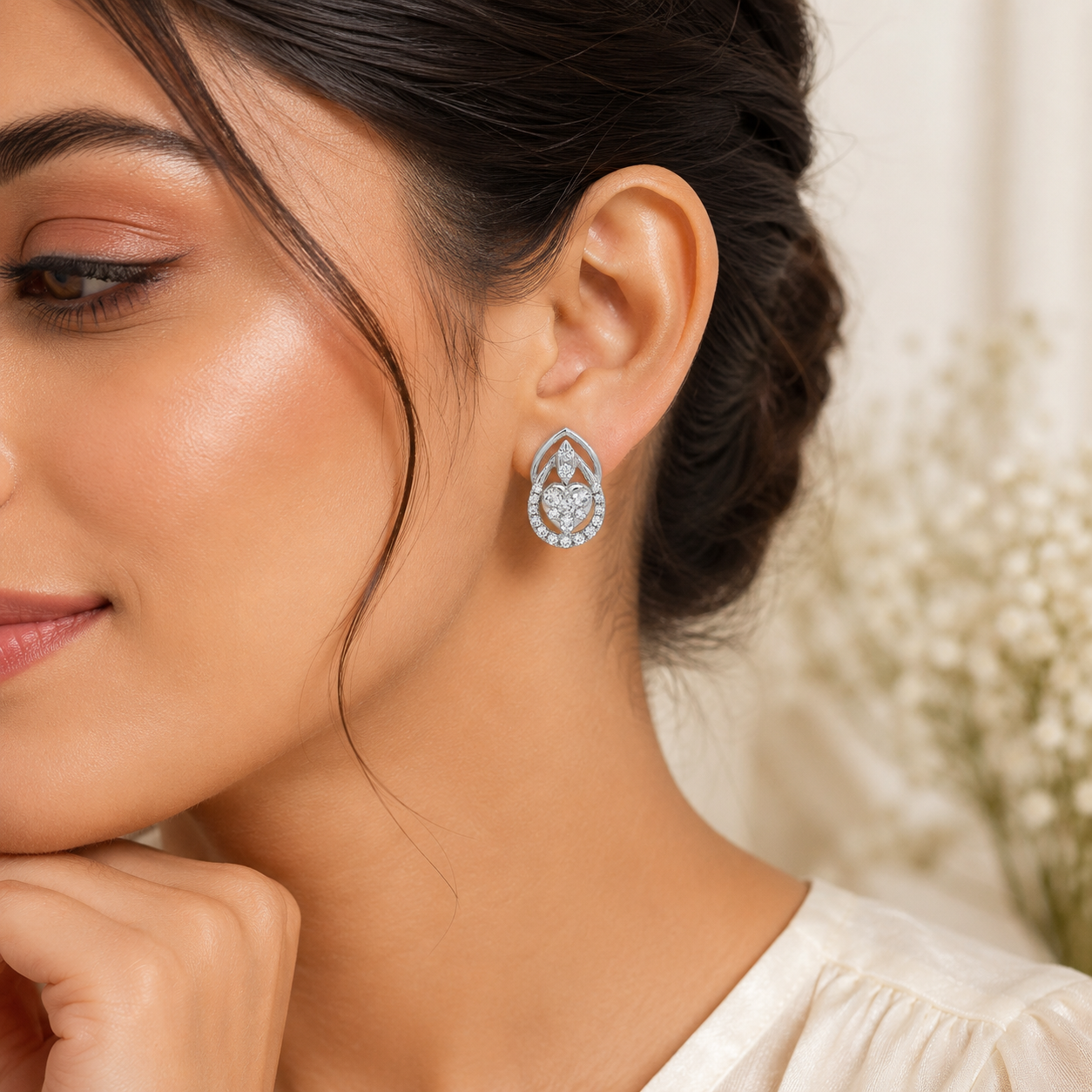 Silver Heart Halo Drop Earrings