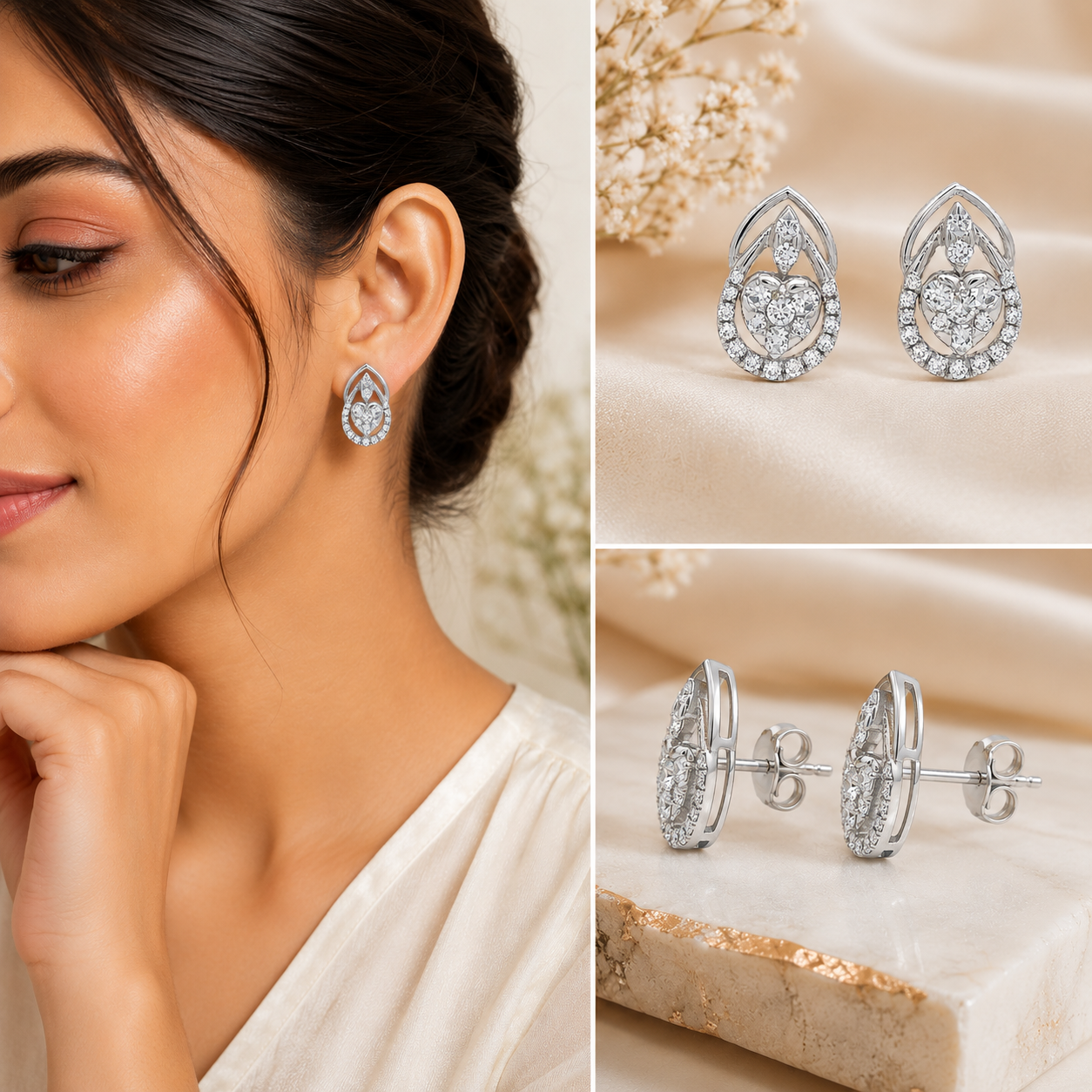 Silver Heart Halo Drop Earrings