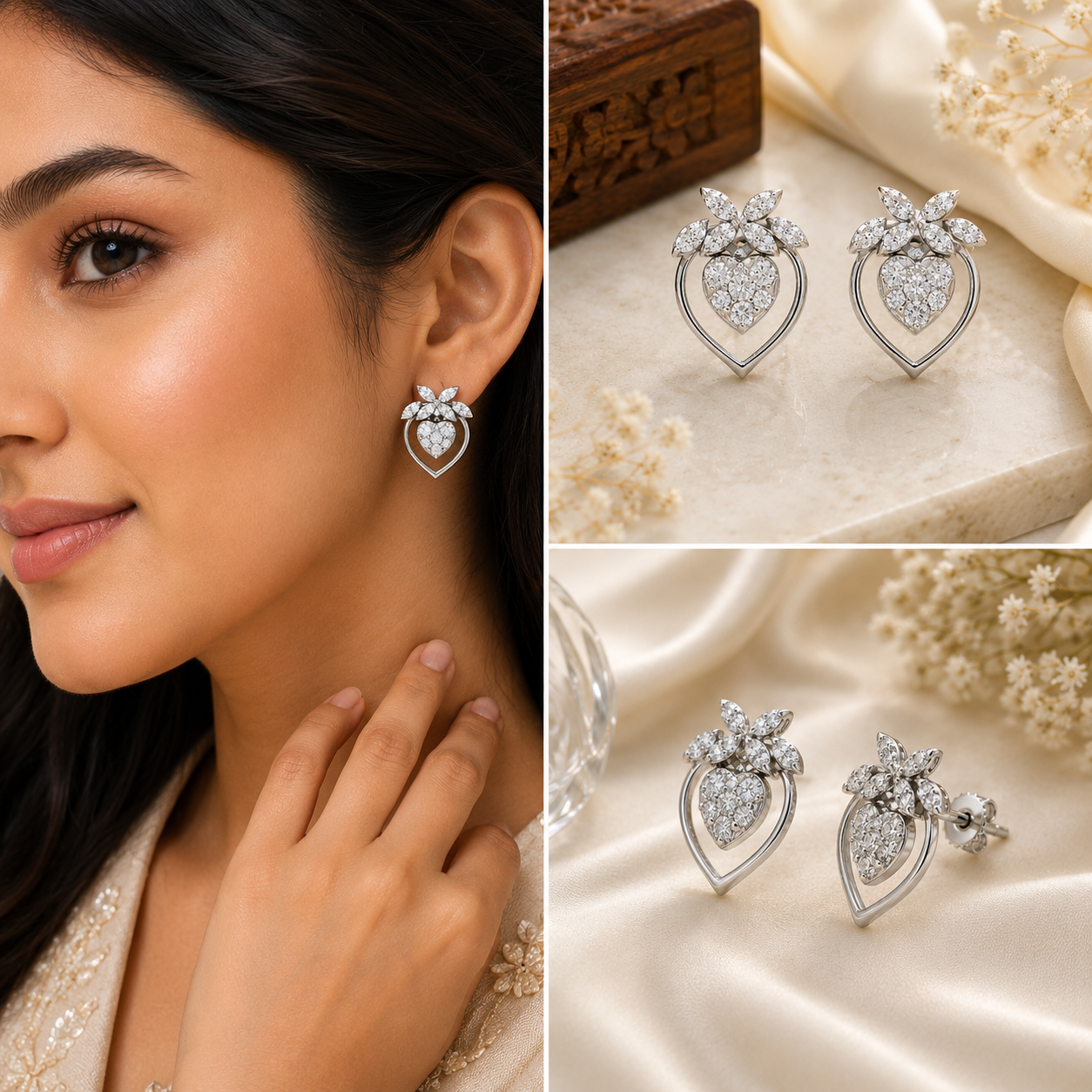 Silver Petal Heart Earrings