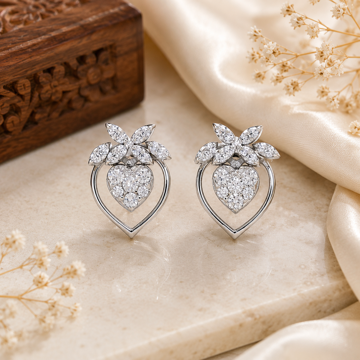Silver Petal Heart Earrings