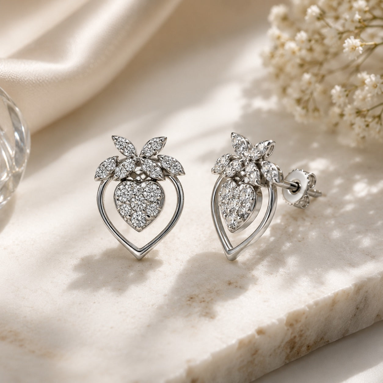 Silver Petal Heart Earrings