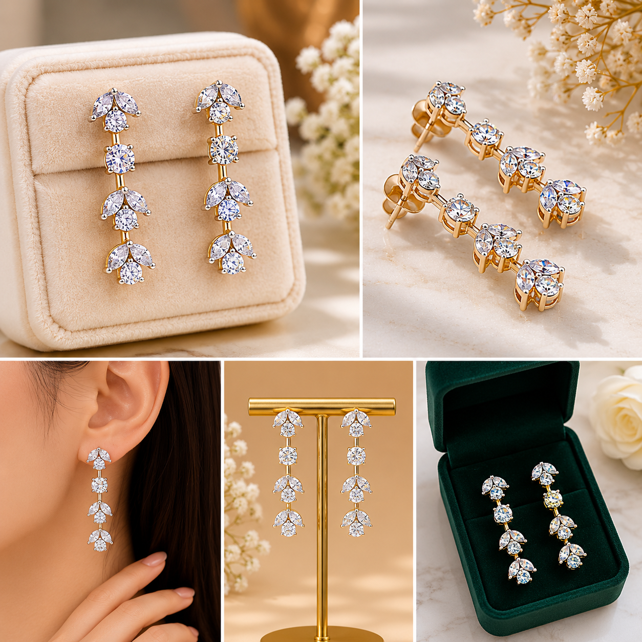 Triple Blossom Crystal Cascade Drop Earrings