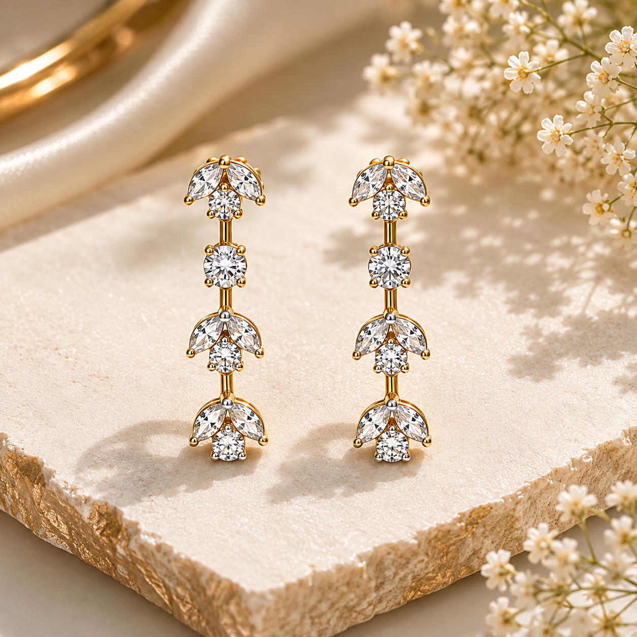 Triple Blossom Crystal Cascade Drop Earrings