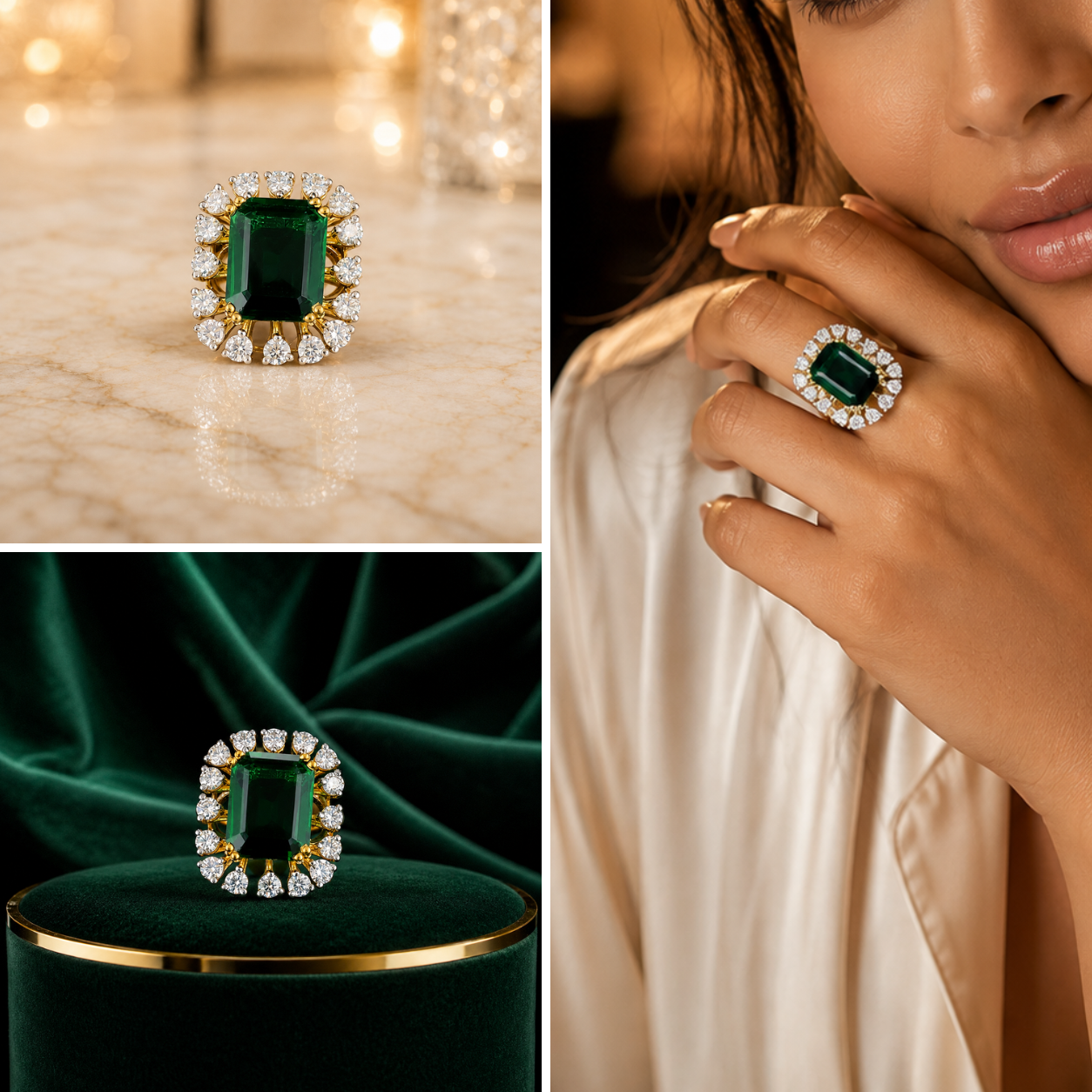 Vintage Emerald Cut Green Gemstone Halo Ring