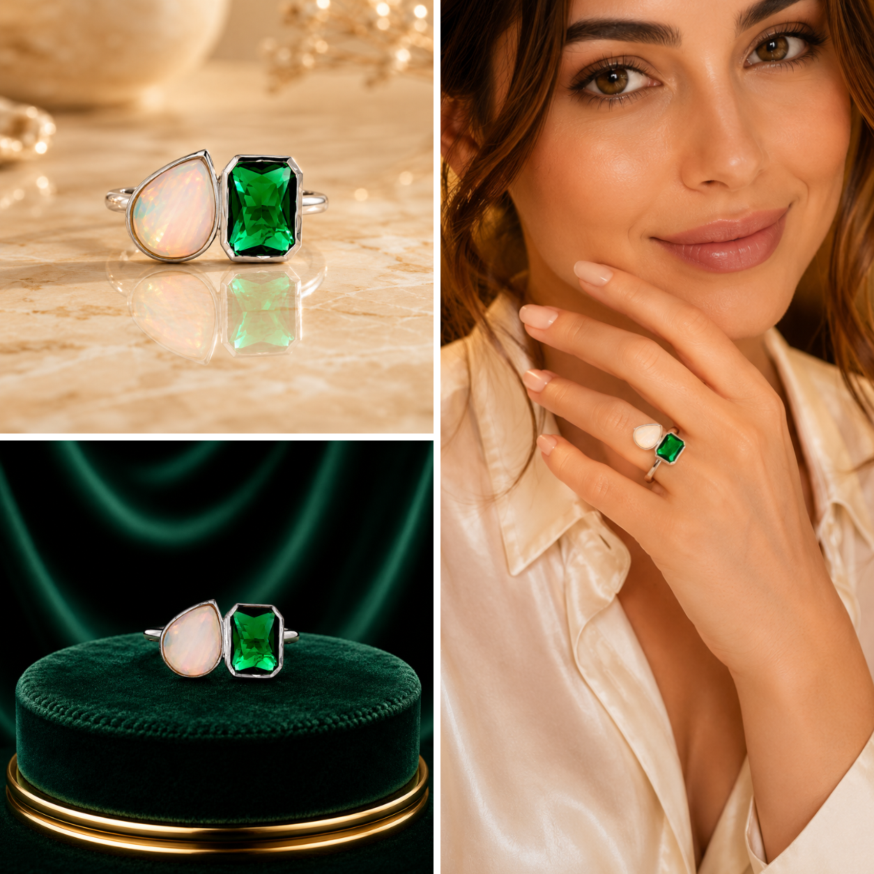 Opal & Emerald Dual Stone Open Ring
