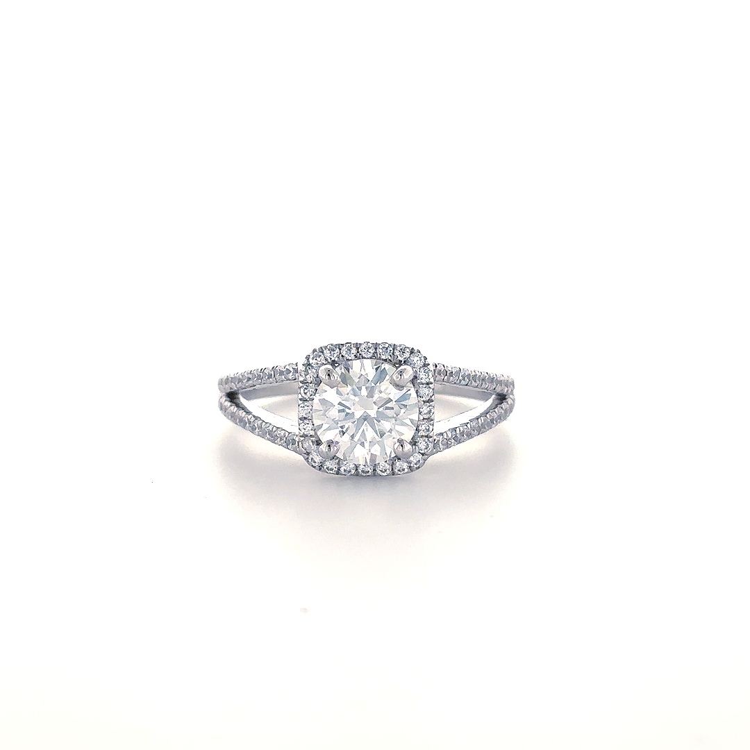 Classic Round Diamond Halo Split Shank Silver Ring