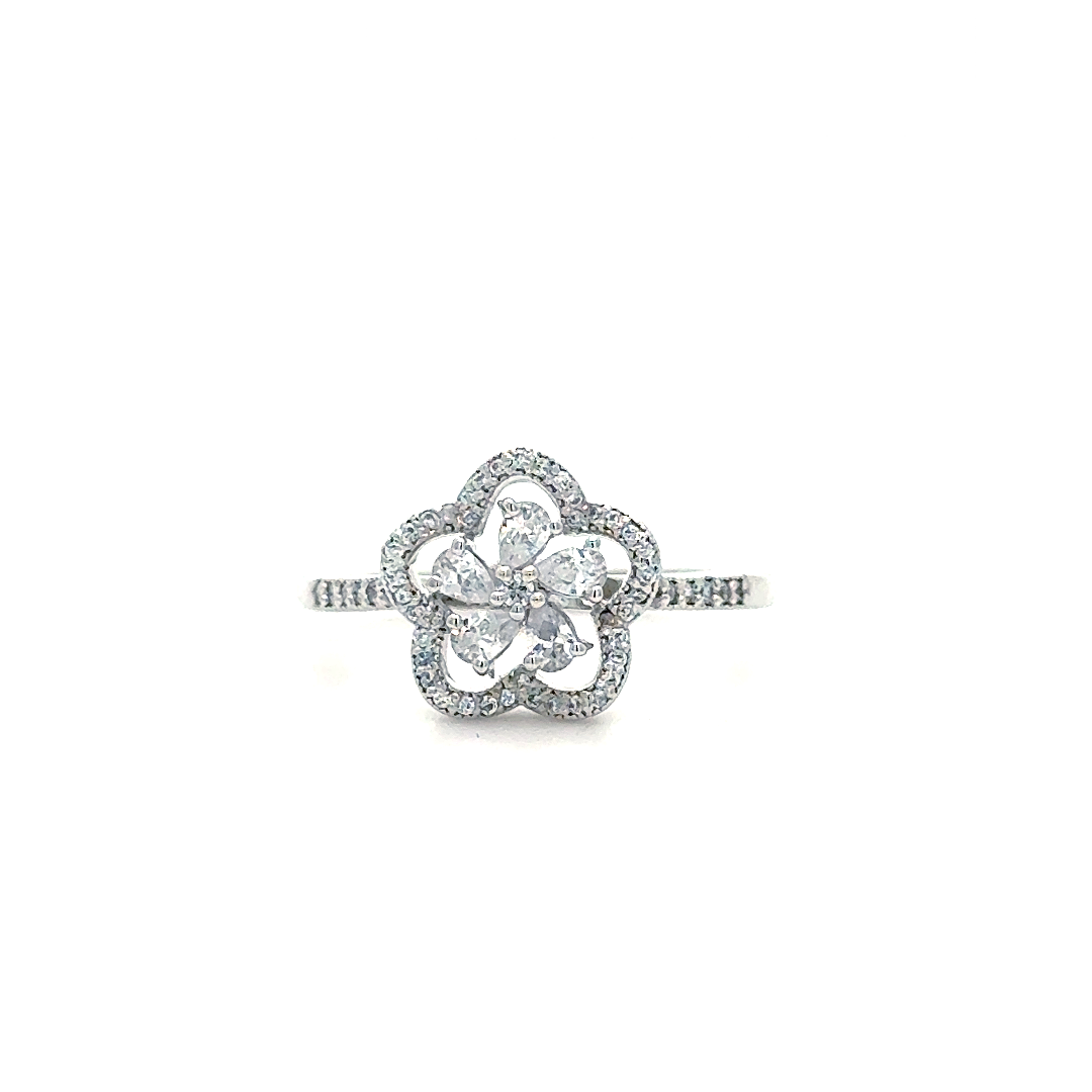 Elegant Floral Diamond Design Silver Ring